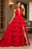 Laden Sie das Bild in den Galerie-Viewer, Rot A Linie Lagen Neckholder Lange Tüll Abiballkleid mit Schlitz