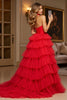 Laden Sie das Bild in den Galerie-Viewer, Rot A Linie Lagen Neckholder Lange Tüll Abiballkleid mit Schlitz