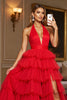 Laden Sie das Bild in den Galerie-Viewer, Rot A Linie Lagen Neckholder Lange Tüll Abiballkleid mit Schlitz