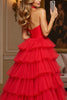 Laden Sie das Bild in den Galerie-Viewer, Rot A Linie Lagen Neckholder Lange Tüll Abiballkleid mit Schlitz