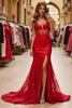 Laden Sie das Bild in den Galerie-Viewer, Rot Meerjungfrau Lange Spitze Abiballkleid mit Schlitz