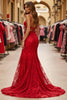 Laden Sie das Bild in den Galerie-Viewer, Rot Meerjungfrau Lange Spitze Abiballkleid mit Schlitz