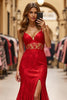 Laden Sie das Bild in den Galerie-Viewer, Rot Meerjungfrau Lange Spitze Abiballkleid mit Schlitz