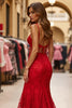 Laden Sie das Bild in den Galerie-Viewer, Rot Meerjungfrau Lange Spitze Abiballkleid mit Schlitz