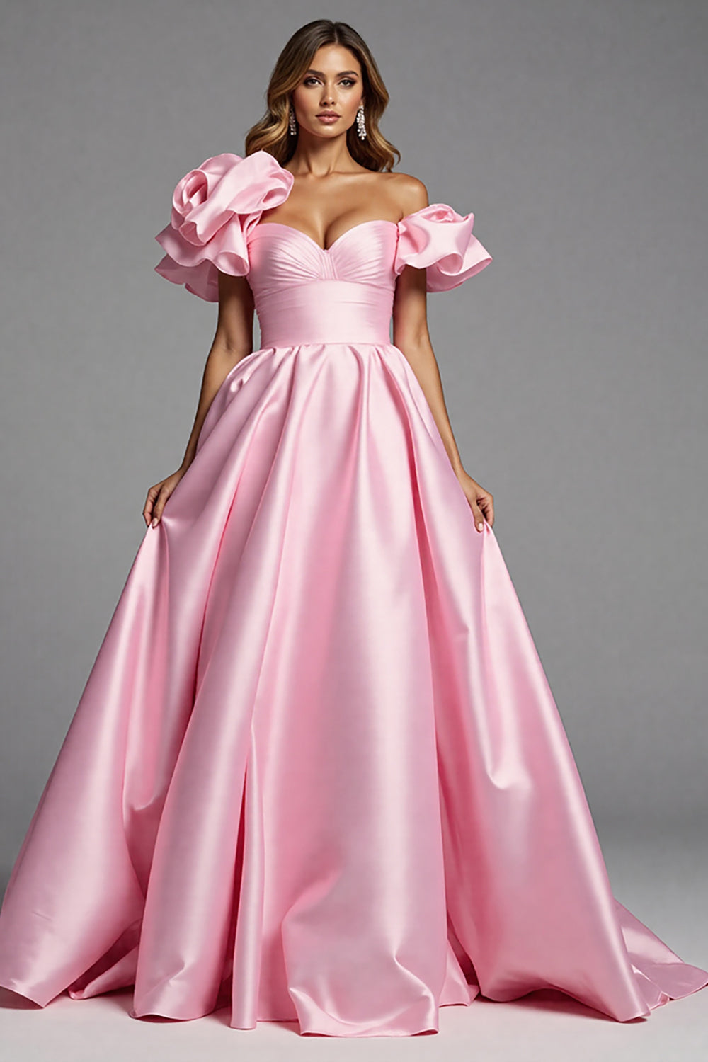 Rosa Satin A Linie Lange Abiballkleid mit Rüschen