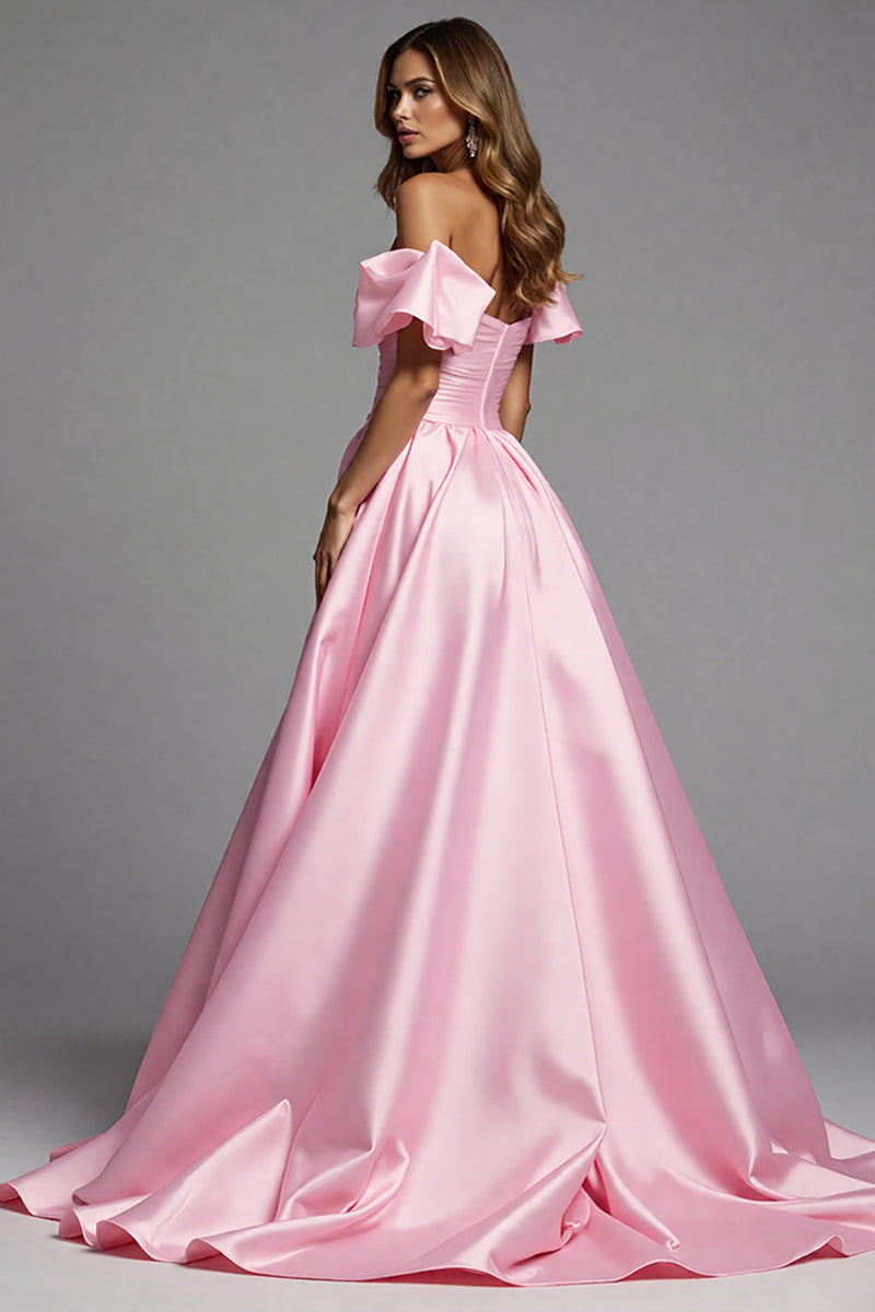 Laden Sie das Bild in den Galerie-Viewer, Rosa Satin A Linie Lange Abiballkleid mit Rüschen