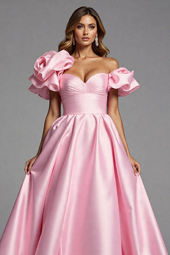 Rosa Satin A Linie Lange Abiballkleid mit Rüschen