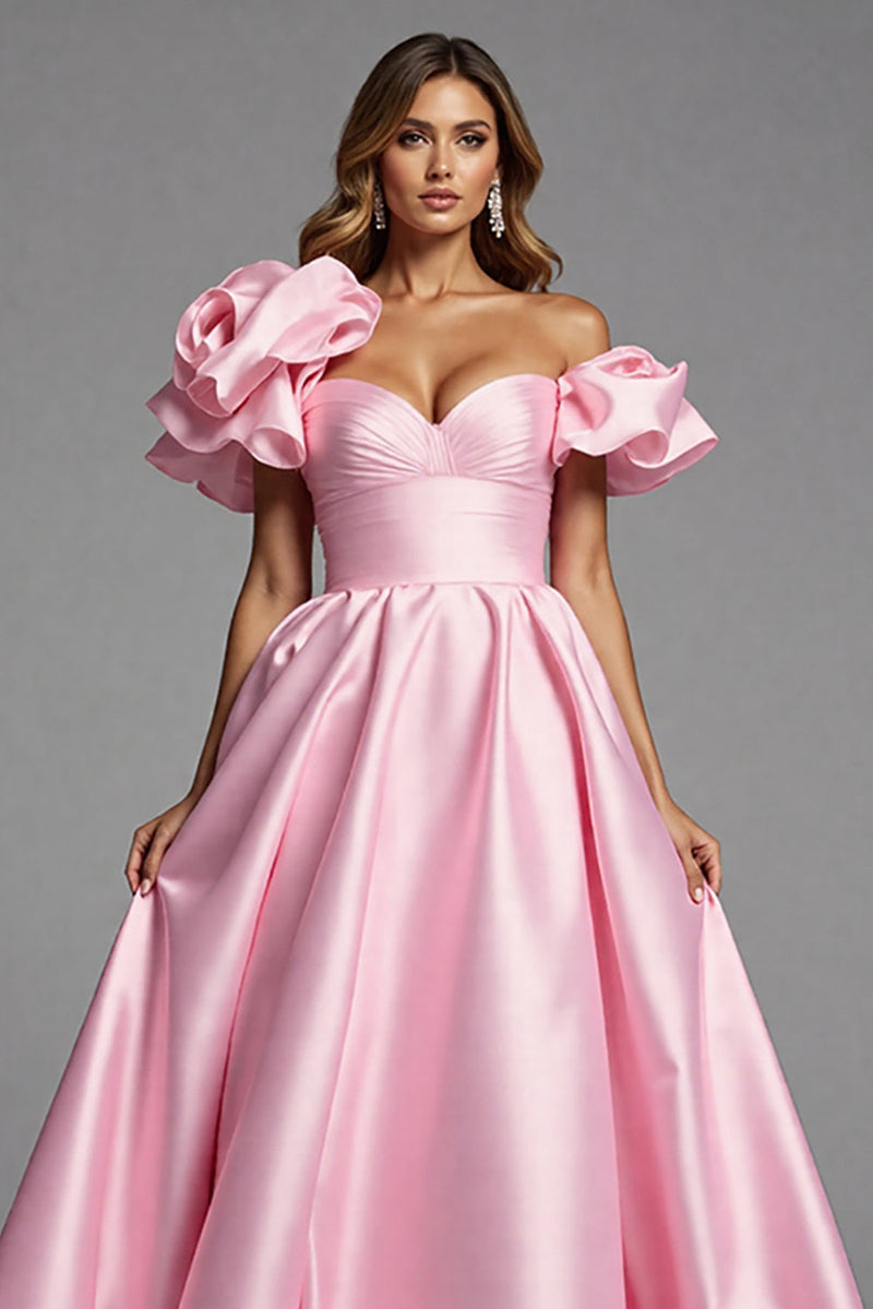 Laden Sie das Bild in den Galerie-Viewer, Rosa Satin A Linie Lange Abiballkleid mit Rüschen