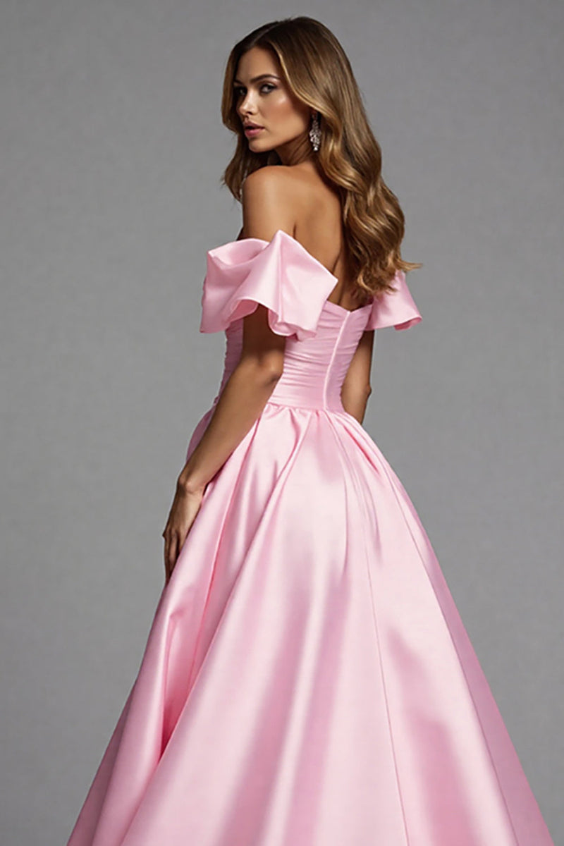 Laden Sie das Bild in den Galerie-Viewer, Rosa Satin A Linie Lange Abiballkleid mit Rüschen