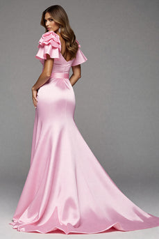 Rosa Satin Rüschen Meerjungfrau Lange Abiballkleid mit Schlitz
