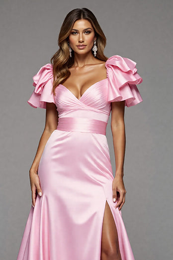 Rosa Satin Rüschen Meerjungfrau Lange Abiballkleid mit Schlitz
