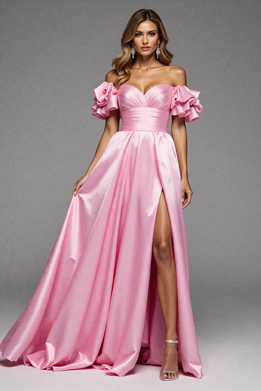 Rosa A Linie Satin Rüschen Lange Abiballkleid mit Schlitz