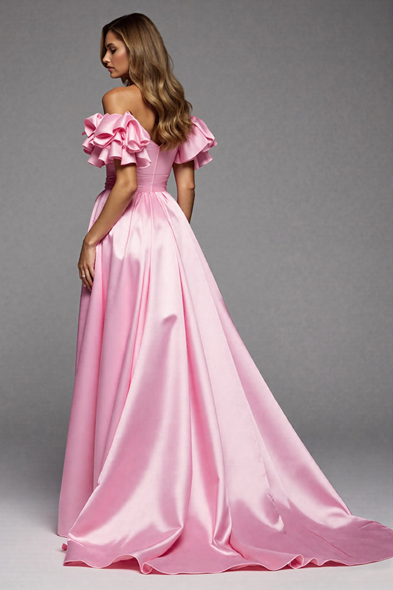 Laden Sie das Bild in den Galerie-Viewer, Rosa A Linie Satin Rüschen Lange Abiballkleid mit Schlitz