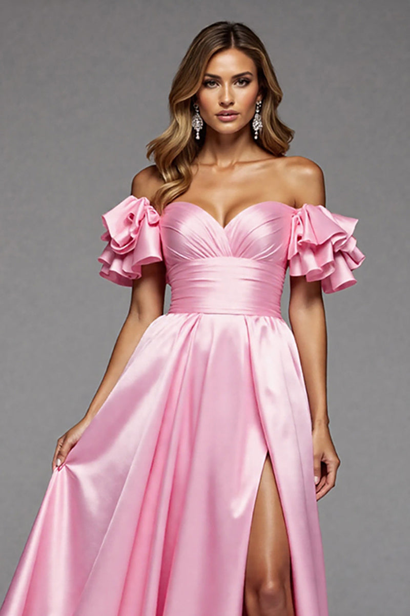 Laden Sie das Bild in den Galerie-Viewer, Rosa A Linie Satin Rüschen Lange Abiballkleid mit Schlitz