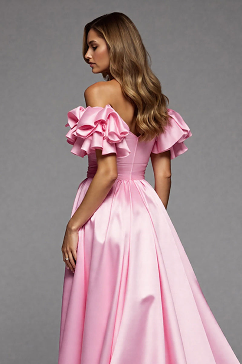 Laden Sie das Bild in den Galerie-Viewer, Rosa A Linie Satin Rüschen Lange Abiballkleid mit Schlitz