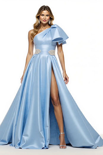 Blau Satin A Linie Rüschen Lange Abiballkleider mit Schlitz
