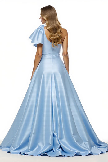 Blau Satin A Linie Rüschen Lange Abiballkleider mit Schlitz