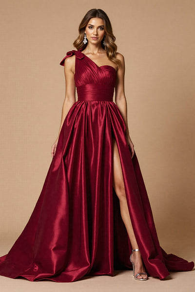 Bordeaux A Linie Satin Eine Schulter Lange Abiballkleid mit Schlitz