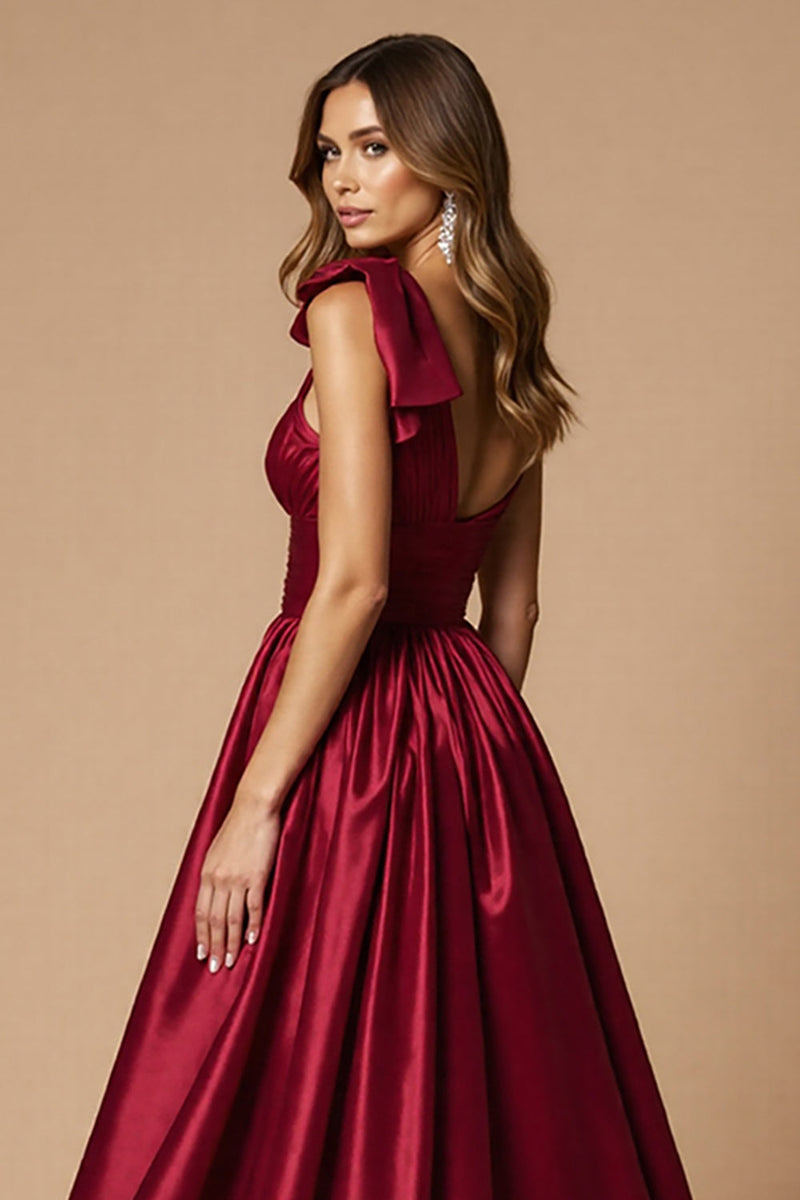 Laden Sie das Bild in den Galerie-Viewer, Bordeaux A Linie Satin Eine Schulter Lange Abiballkleid mit Schlitz