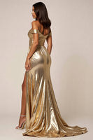 Laden Sie das Bild in den Galerie-Viewer, Golden Metallic A Linie Lange Abiballkleid mit Schlitz