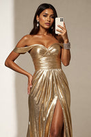 Laden Sie das Bild in den Galerie-Viewer, Golden Metallic A Linie Lange Abiballkleid mit Schlitz