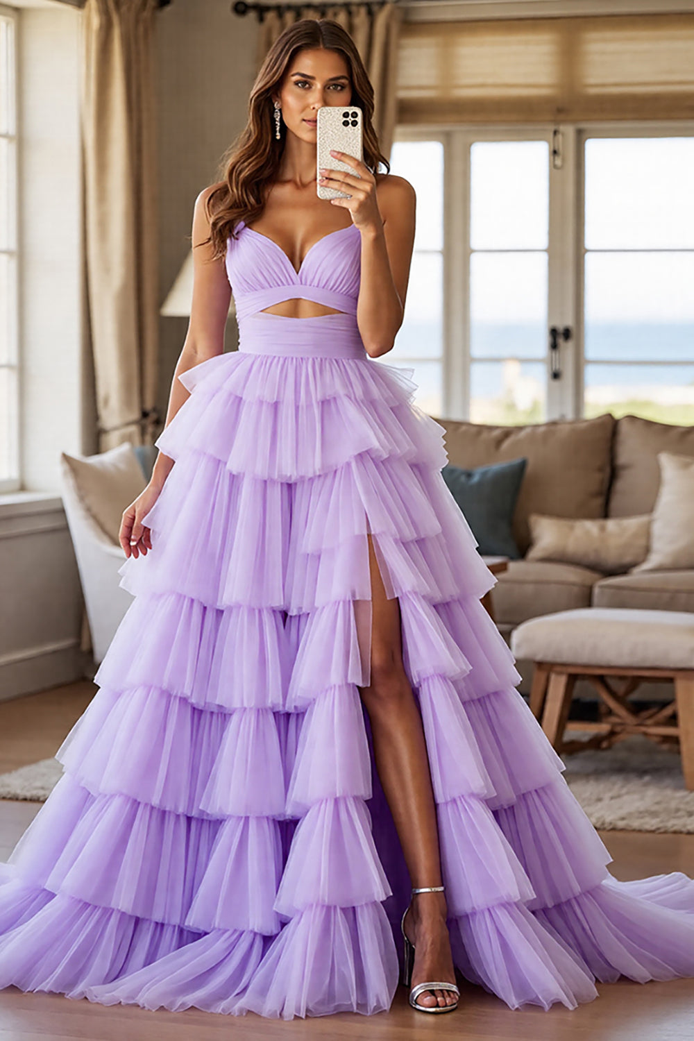 Lila Tüll Lagen A Linie Lange Abiballkleid mit Schlitz
