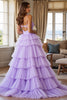 Laden Sie das Bild in den Galerie-Viewer, Lila Tüll Lagen A Linie Lange Abiballkleid mit Schlitz