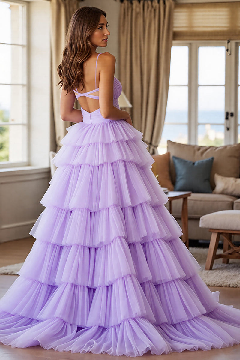 Laden Sie das Bild in den Galerie-Viewer, Lila Tüll Lagen A Linie Lange Abiballkleid mit Schlitz