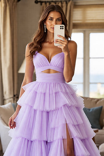 Lila Tüll Lagen A Linie Lange Abiballkleid mit Schlitz