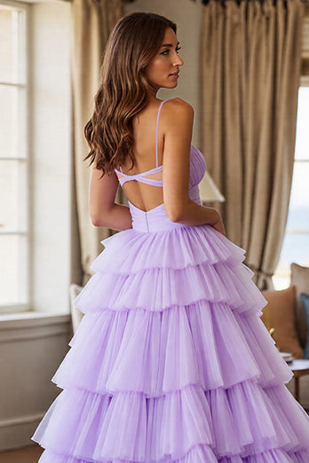 Lila Tüll Lagen A Linie Lange Abiballkleid mit Schlitz