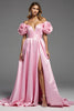 Laden Sie das Bild in den Galerie-Viewer, Rosa Satin Blumen A Linie Lange Abiballkleid mit Schlitz