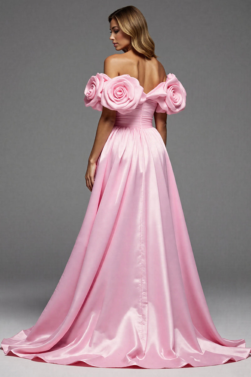 Laden Sie das Bild in den Galerie-Viewer, Rosa Satin Blumen A Linie Lange Abiballkleid mit Schlitz