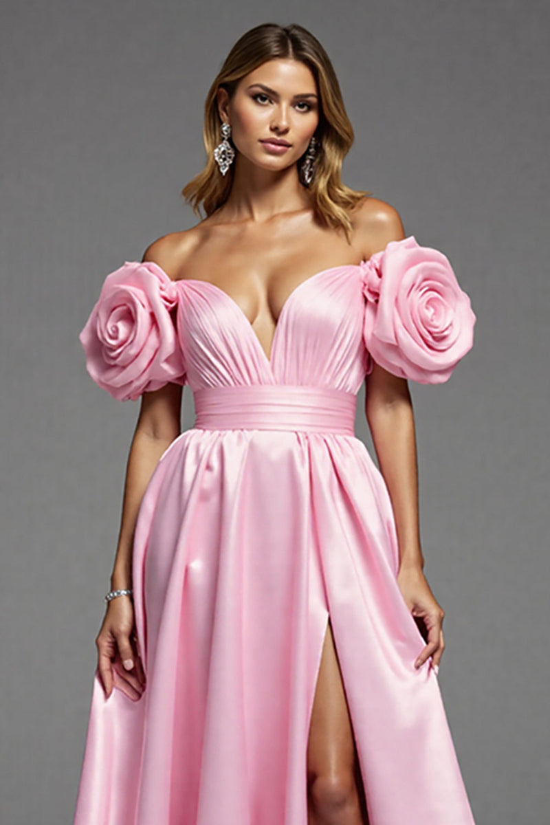 Laden Sie das Bild in den Galerie-Viewer, Rosa Satin Blumen A Linie Lange Abiballkleid mit Schlitz