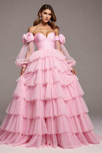 Blumen Rosa Tüll A Linie Lange Abiballkleid mit Rüschen