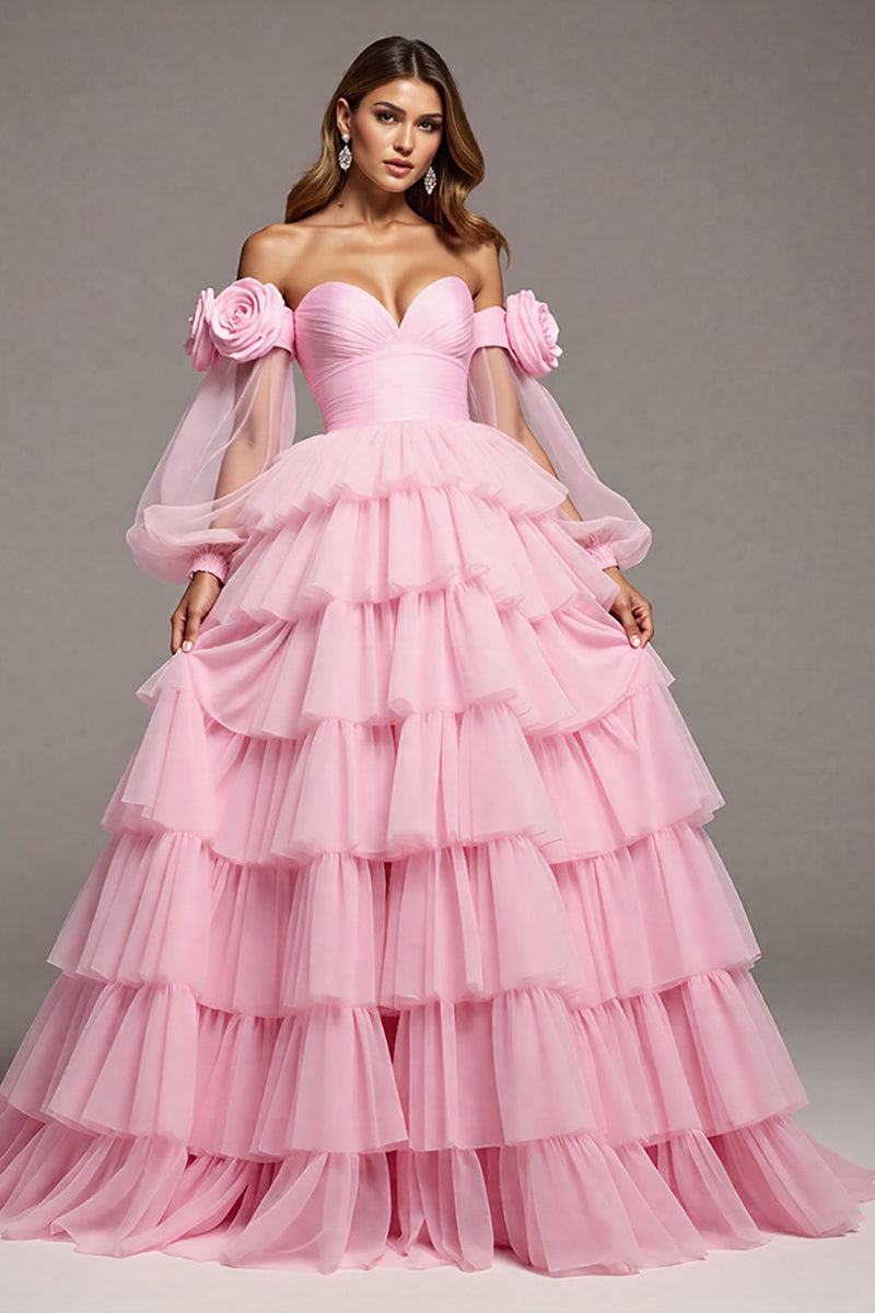 Laden Sie das Bild in den Galerie-Viewer, Blumen Rosa Tüll A Linie Lange Abiballkleid mit Rüschen