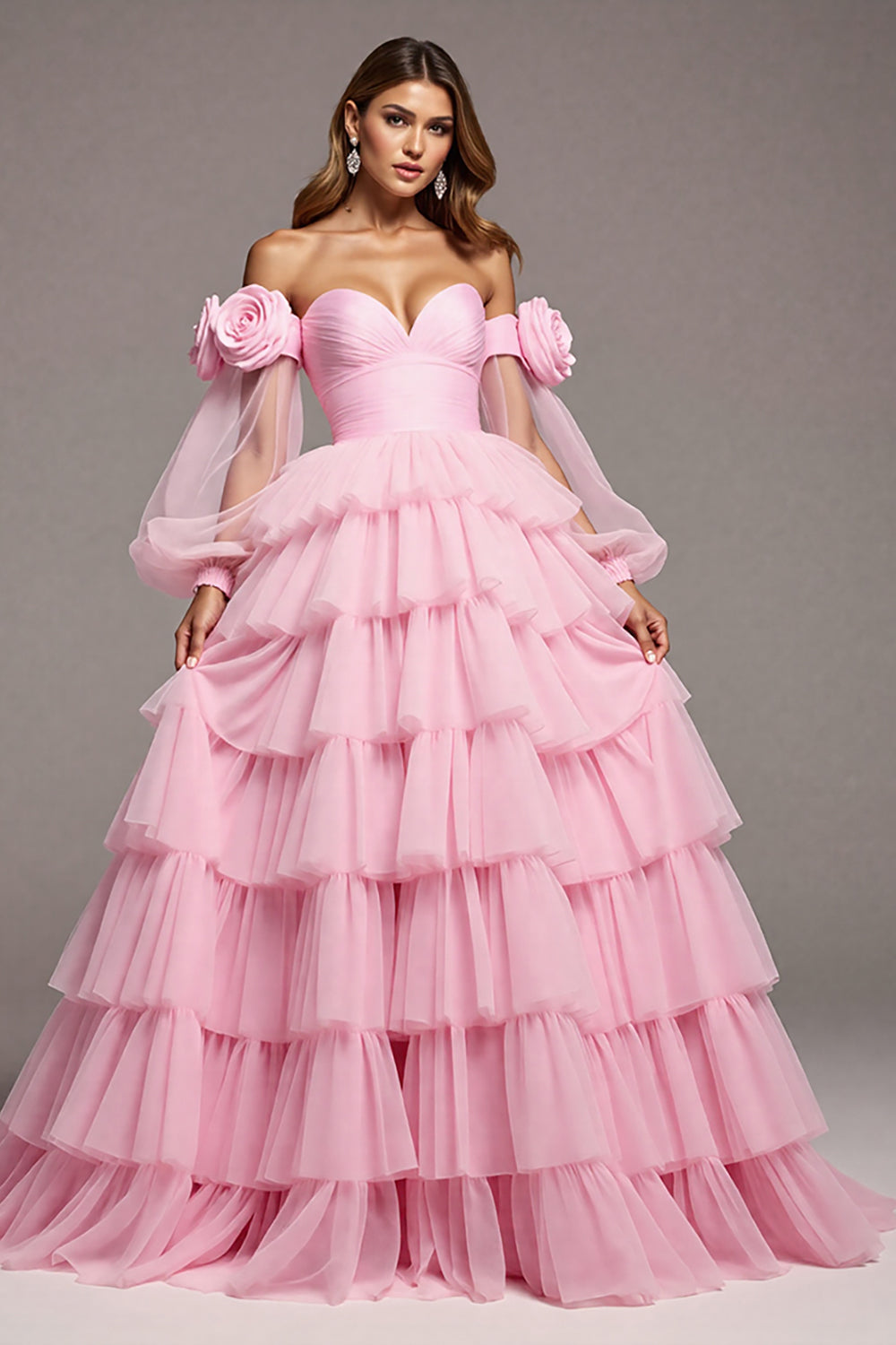 Blumen Rosa Tüll A Linie Lange Abiballkleid mit Rüschen