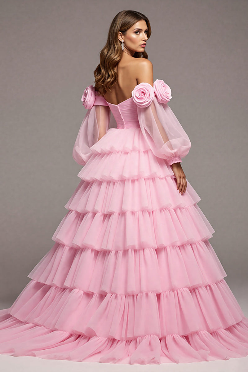 Laden Sie das Bild in den Galerie-Viewer, Blumen Rosa Tüll A Linie Lange Abiballkleid mit Rüschen