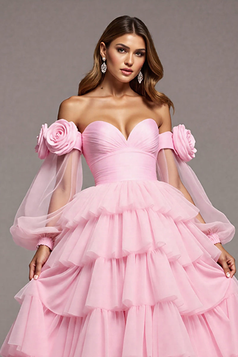Laden Sie das Bild in den Galerie-Viewer, Blumen Rosa Tüll A Linie Lange Abiballkleid mit Rüschen