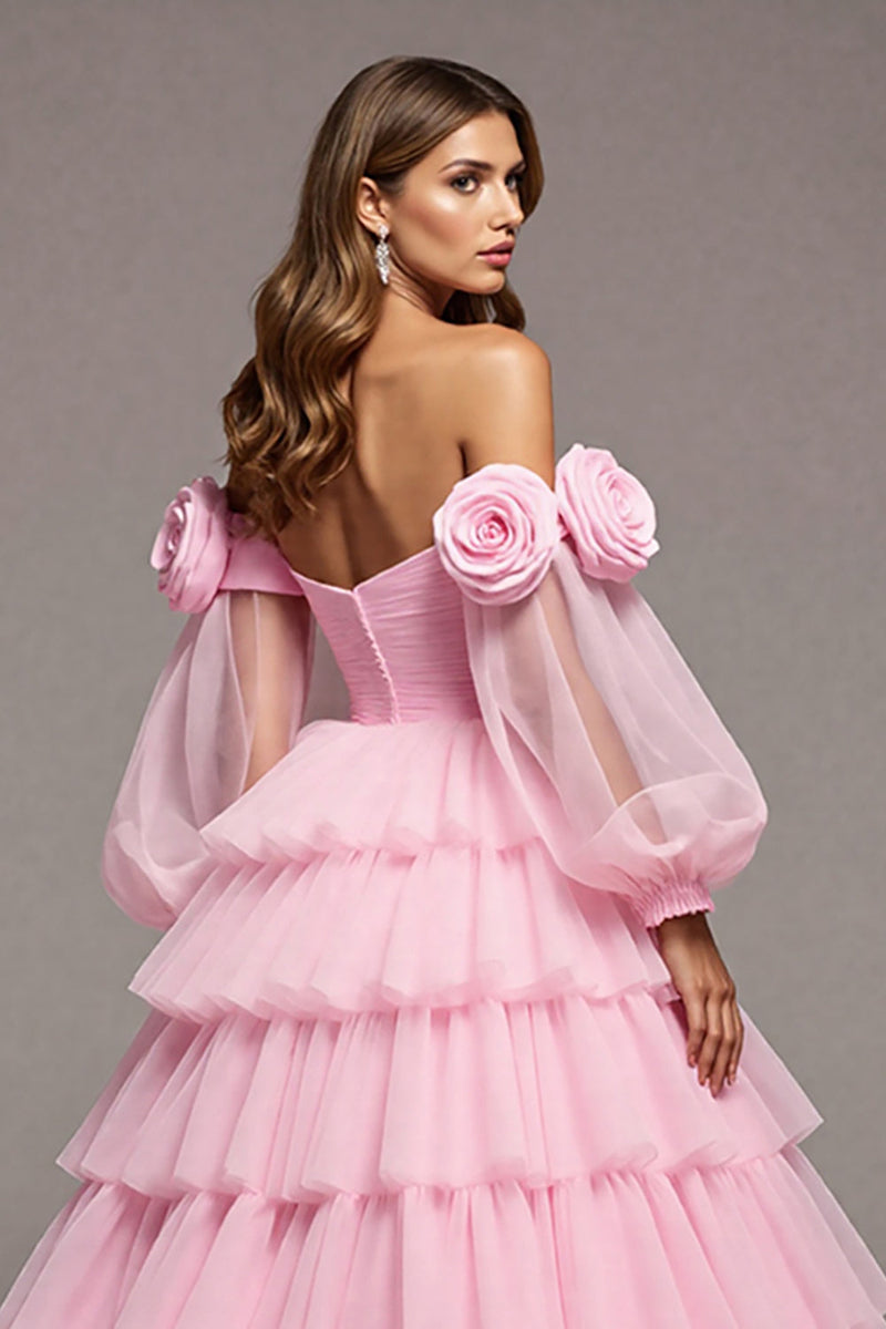 Laden Sie das Bild in den Galerie-Viewer, Blumen Rosa Tüll A Linie Lange Abiballkleid mit Rüschen
