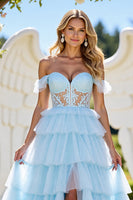 Laden Sie das Bild in den Galerie-Viewer, Blau A Linie Tüll Lagen Lange Korsett Abiballkleider mit Applikationen
