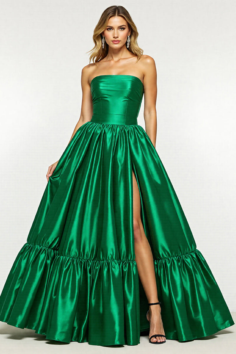 Laden Sie das Bild in den Galerie-Viewer, Dunkelgrün A Linie Trägerlos Lange Satin Abiballkleid mit Schlitz
