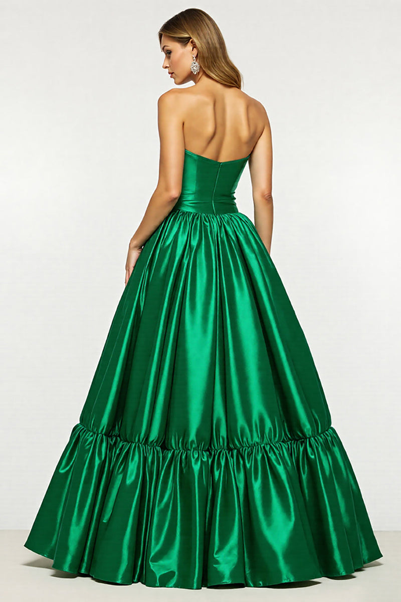 Laden Sie das Bild in den Galerie-Viewer, Dunkelgrün A Linie Trägerlos Lange Satin Abiballkleid mit Schlitz