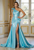 Laden Sie das Bild in den Galerie-Viewer, Blau Satin Meerjungfrau Rüschen Lange Abiballkleid mit Schlitz