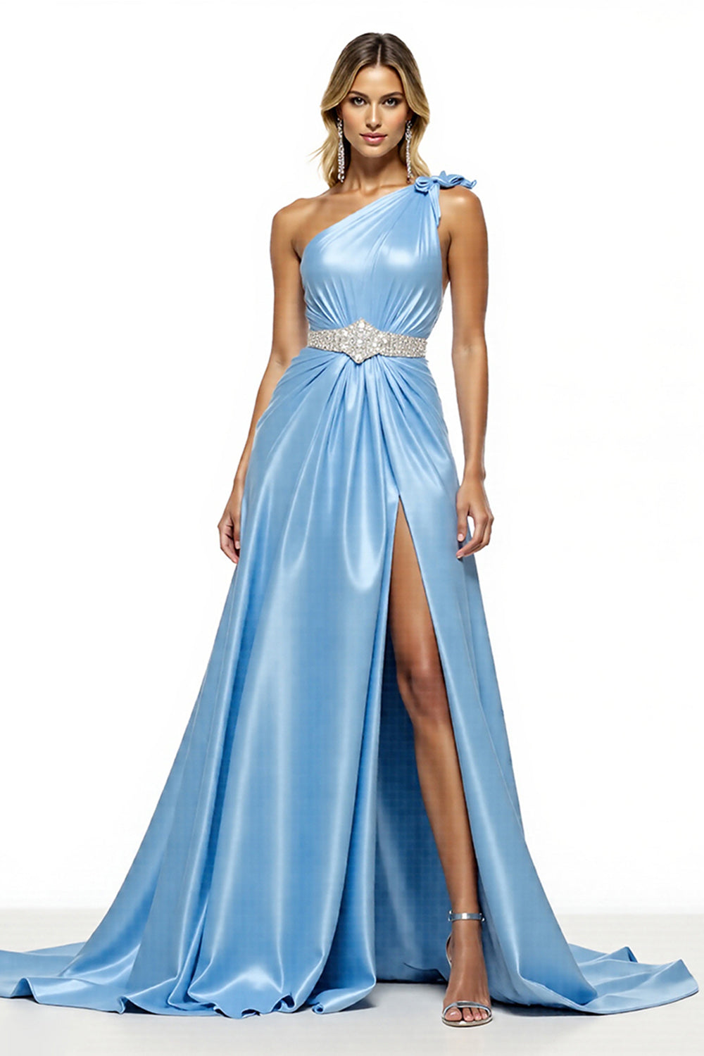 Blau Satin A Linie Eine Schulter Lange Abiballkleider mit Schlitz