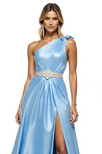Blau Satin A Linie Eine Schulter Lange Abiballkleider mit Schlitz