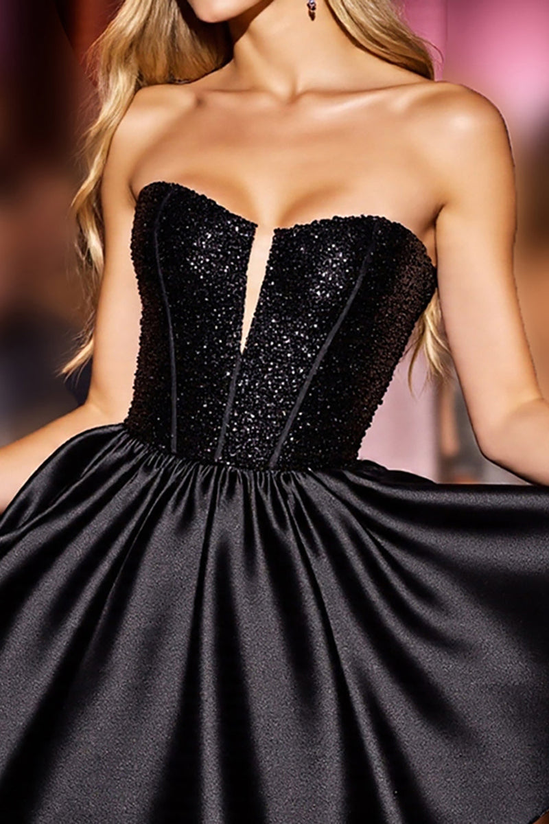 Laden Sie das Bild in den Galerie-Viewer, Glitzer Schwarz Trägerlos Pailletten Kurze Korsett Party Kleid