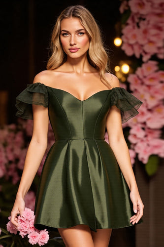 Armeegrün Satin Korsett Kurze Party Kleid mit Rüschens