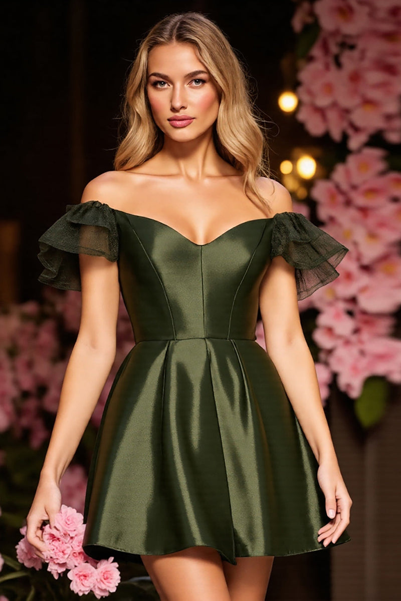 Laden Sie das Bild in den Galerie-Viewer, Armeegrün Satin Korsett Kurze Party Kleid mit Rüschens
