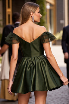 Armeegrün Satin Korsett Kurze Party Kleid mit Rüschens