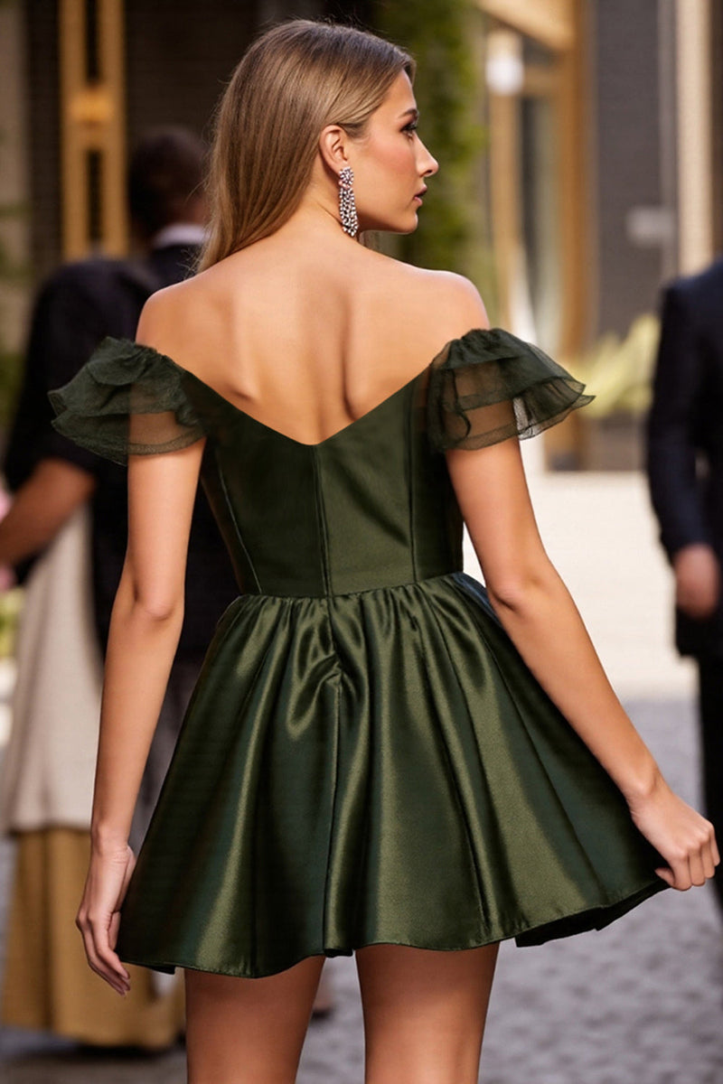 Laden Sie das Bild in den Galerie-Viewer, Armeegrün Satin Korsett Kurze Party Kleid mit Rüschens